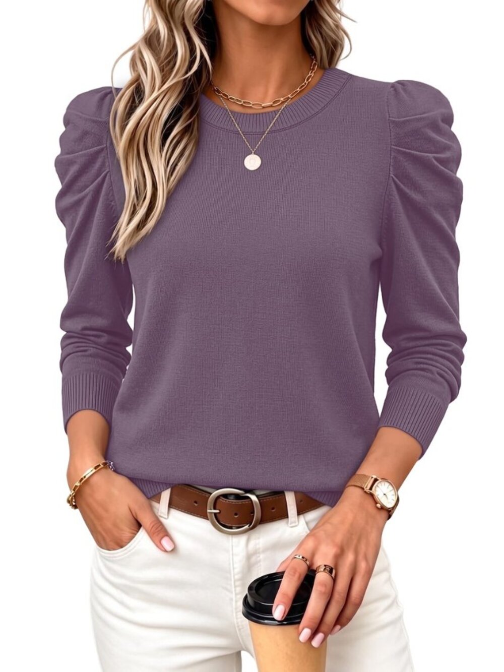 Womens Tops Trendy Long Sleeve Puff Sleeve Fall Sweaters Fashion Clothing